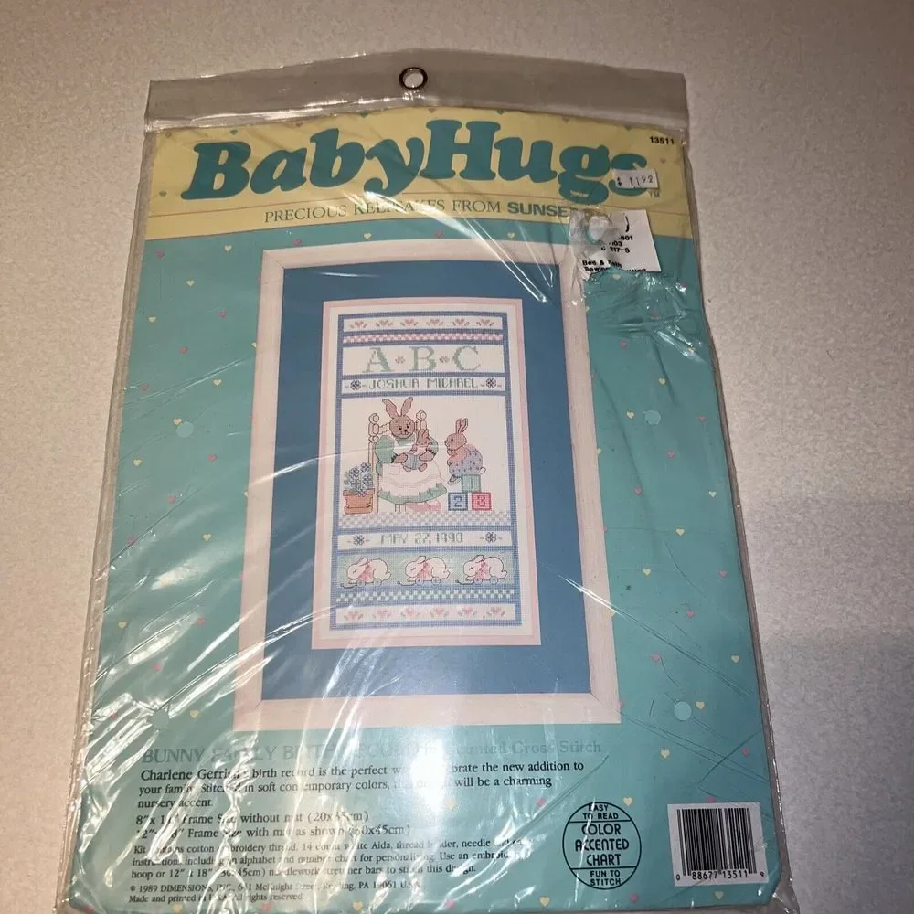 Dimensions Sunset Baby Hugs Bunny Family Birth‎ Record Counted Cross Stitch Kit